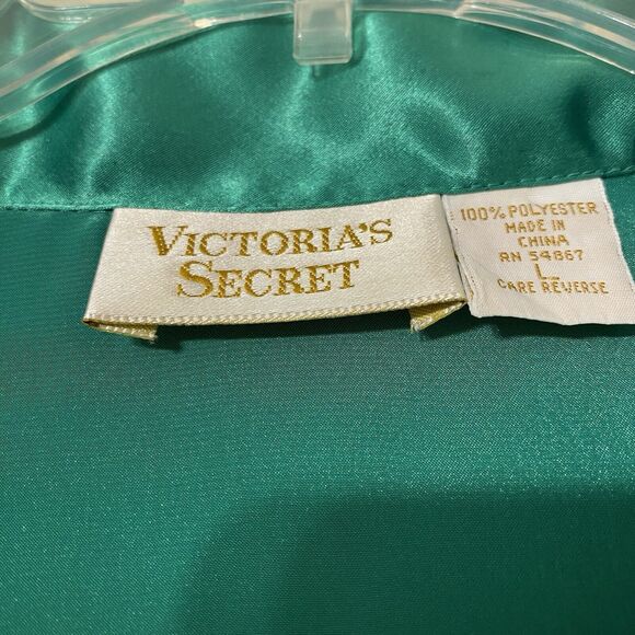Victorias Secret Gold Label Pajama Set Shirt Pants Emerald Green Satin Y2K - Picture 7 of 11